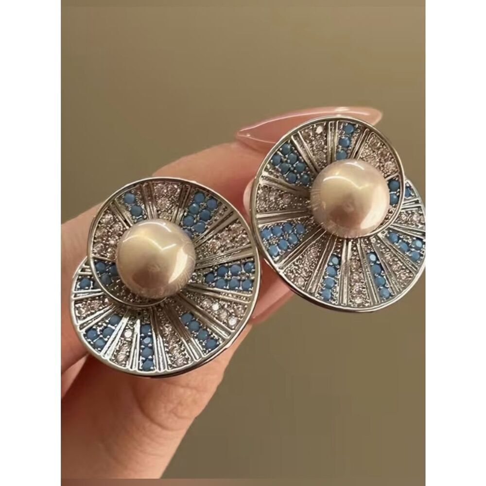 🩵 NEW Pearl & Blue CZ Silver Statement Earrings 🩵